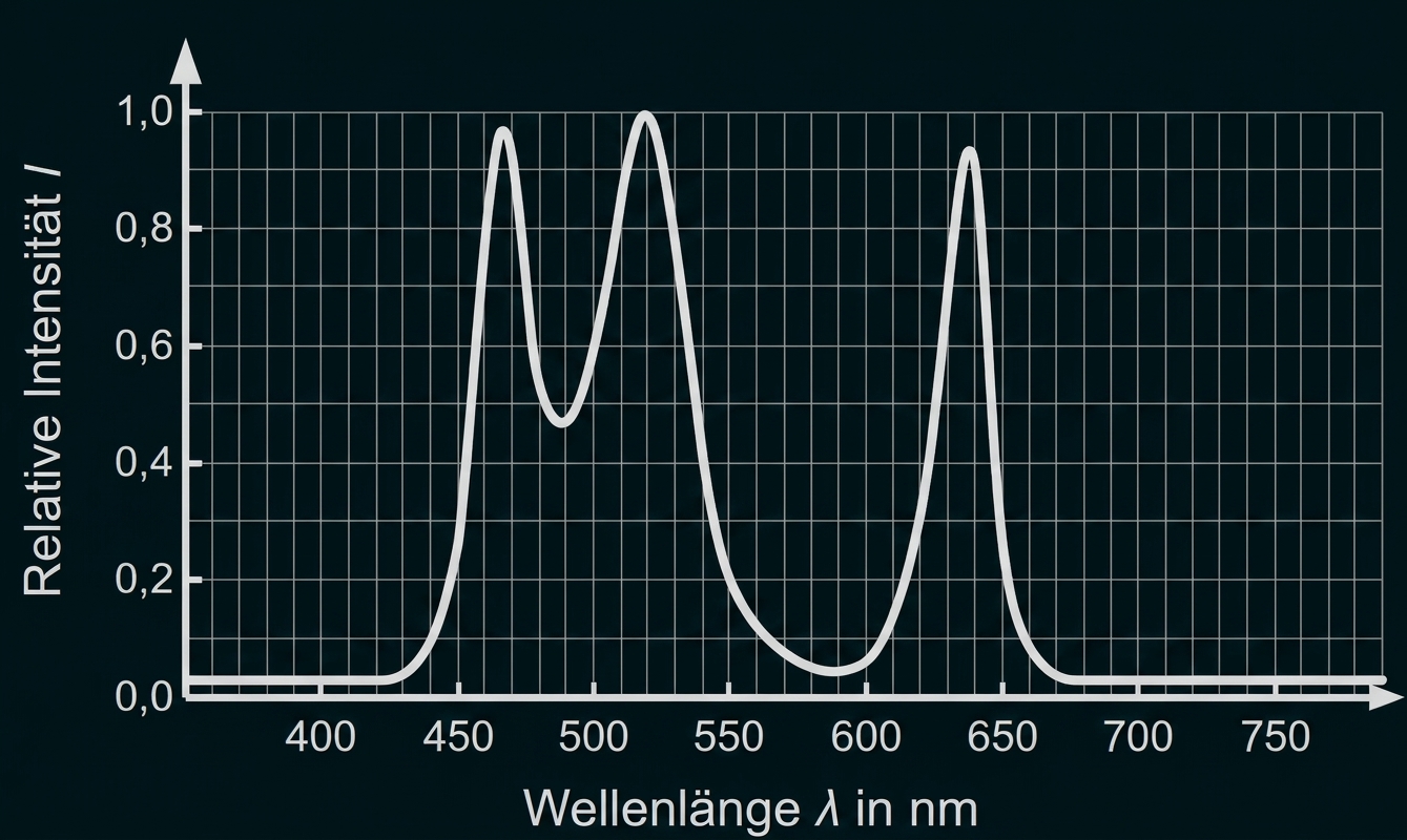Spektrumdiagramm mit mehreren Peaks der relativen Intensität über der Wellenlänge in nm.